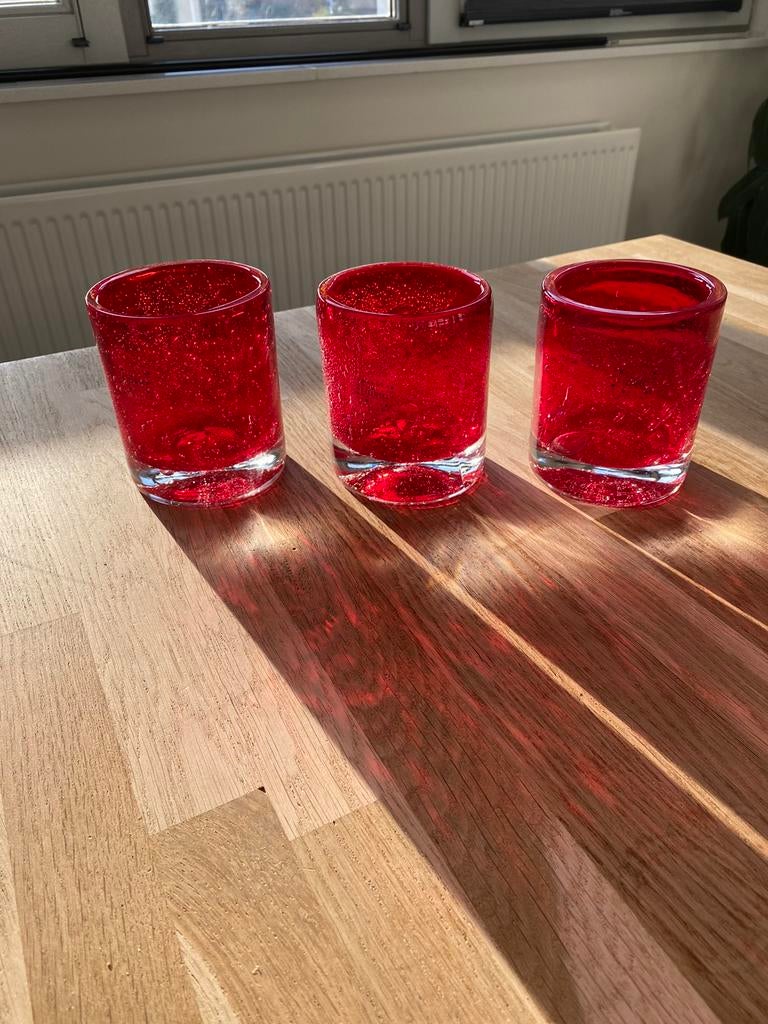 Fidrio 3 rode vaasjes / theelichten / waxinelicht houders, Huis en Inrichting, Woonaccessoires | Vazen, Zo goed als nieuw, Rood