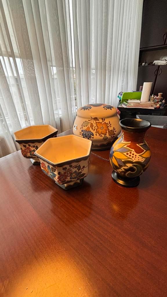 Gouda Plateel Bloempotten Set, Huis en Inrichting, Woonaccessoires | Vazen, Gebruikt, Overige kleuren, Minder dan 50 cm, Aardewerk of Porselein