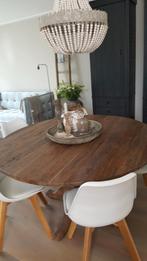 Sober stoere houten ronde eettafel 140 cm incl 4 stoelen, 100 tot 150 cm, 100 tot 150 cm, Rond, Gebruikt