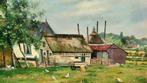 Originele olieverf schilderij - Een boerenhoeve met kippen, Ophalen of Verzenden