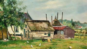 Originele olieverf schilderij - Een boerenhoeve met kippen beschikbaar voor biedingen