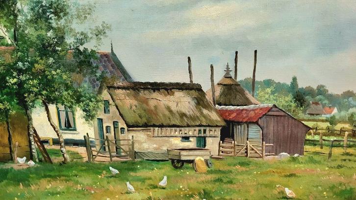 Originele olieverf schilderij - Een boerenhoeve met kippen, Antiek en Kunst, Kunst | Schilderijen | Klassiek, Ophalen of Verzenden