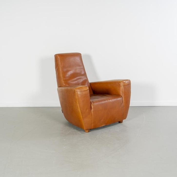 2x Label Longa Fauteuil Tuigleer Cognac - Houten Pootjes, Huis en Inrichting, Fauteuils, Gebruikt, Hout, Leer, 75 tot 100 cm, 75 tot 100 cm