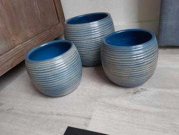 Set van 3 keramiek bloempotten voor binnen blauw gemêleerd  beschikbaar voor biedingen