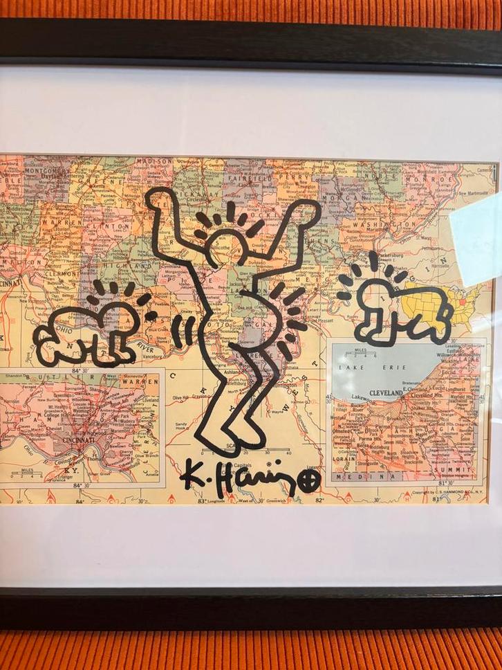 Keith Haring, tekening op landkaart, Antiek en Kunst, Kunst | Overige Kunst, Ophalen of Verzenden