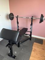 Bankdruk set met 100 kg gewichten, Sport en Fitness, Fitnessapparatuur, Ophalen, Gebruikt, Krachtstation, Borst