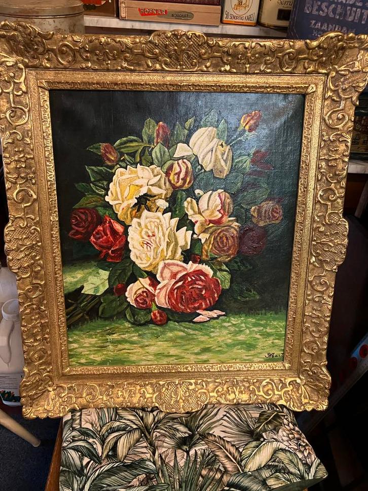 Bloemstilleven H. Hart, vergulde lijst, Antiek en Kunst, Kunst | Schilderijen | Klassiek, Ophalen of Verzenden