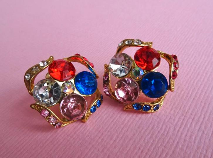 jwg Vintage 90s gekleurd glas stenen oorbellen blauw rood, Sieraden, Tassen en Uiterlijk, Antieke sieraden, Oorbellen, Overige materialen