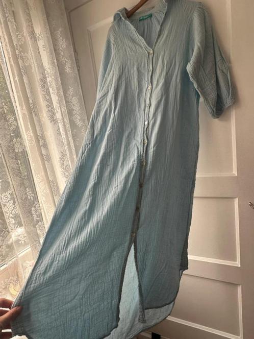 Lichtblauwe hydrofiel mousseline maxi lange pofmouw jurk L, Kleding | Dames, Jurken, Zo goed als nieuw, Maat 42/44 (L), Blauw