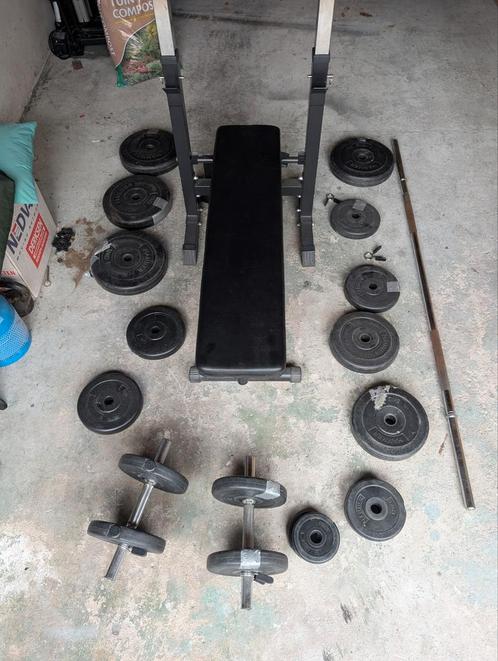 Fitness set met bankje, barbell, dumbbells, halterschijven, Sport en Fitness, Fitnessmaterialen, Gebruikt, Fitnessbank, Ophalen