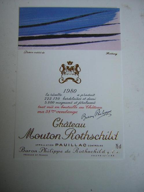 Origineel Chateau Mouton Rothschild Wijn Etiket 1980, Verzamelen, Wijnen, Nieuw, Rode wijn, Frankrijk, Ophalen of Verzenden
