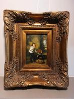 Klein olieverf schilderij – Kinderen met fruitmand, Antiek en Kunst, Kunst | Schilderijen | Klassiek, Ophalen of Verzenden