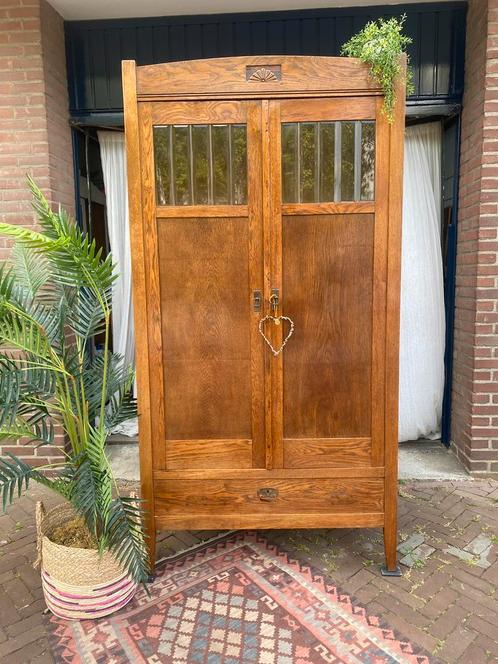 Leuke brocante kledingkast met facet geslepen ruitjes, Huis en Inrichting, Kasten | Kledingkasten, Gebruikt, 150 tot 200 cm, 100 tot 150 cm