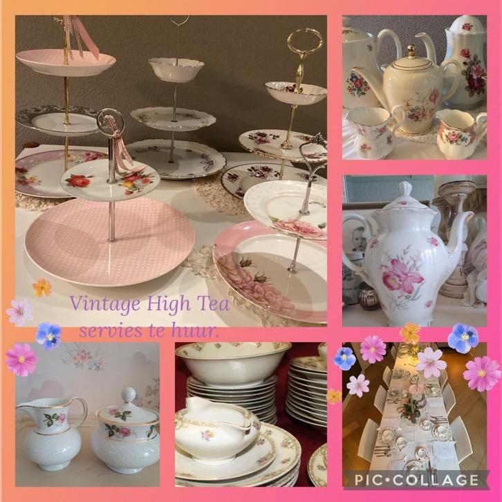 Superleuk servies te huur, vintage, brocante, bloemen, goud, Huis en Inrichting, Keuken | Servies, Gebruikt, Overige stijlen, Porselein