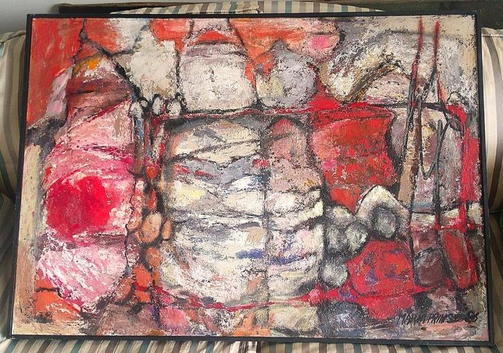 GROOT - Compositie in rood en wit - Maria Prins (1934-2019), Antiek en Kunst, Kunst | Schilderijen | Abstract, Ophalen of Verzenden