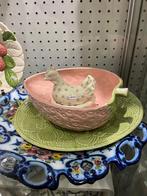 Antiek roze aardbei schaal + bord Bordallo Pinheiro vintage, Ophalen