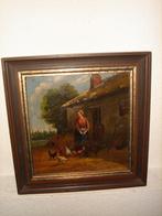 Antique oil painting - P. Rens ( 1875), Woman with chickens., Antiek en Kunst, Ophalen of Verzenden