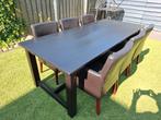 Geschilderde grenen tafel met 6 stoelen., Huis en Inrichting, Tafels | Eettafels, Ophalen, Gebruikt, 200 cm of meer, 50 tot 100 cm