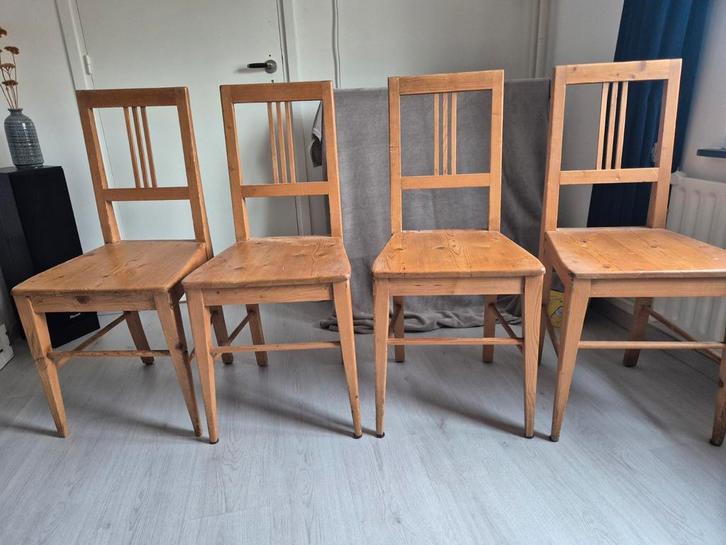 4 Grenen Houten Stoelen - Vintage Charme, Huis en Inrichting, Stoelen, Gebruikt, Vier, Hout, Bruin, Ophalen
