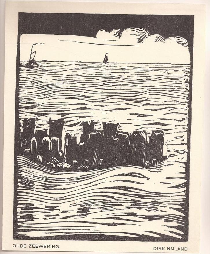 Nijland, Dirk - Oude Zeewering Houtsnede, Antiek en Kunst, Kunst | Etsen en Gravures, Ophalen of Verzenden