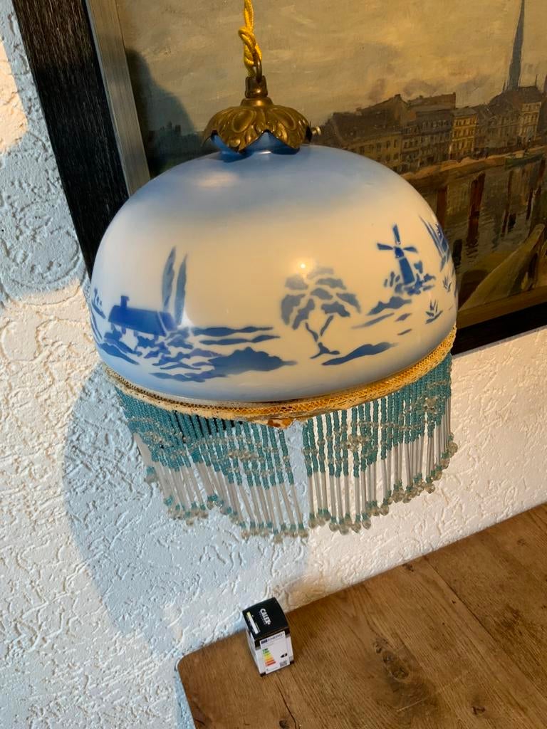 Antiek Vintage Wit Opaline Lampenkap Met Blauw Landschap, Huis en Inrichting, Lampen | Hanglampen, Ophalen of Verzenden, Zo goed als nieuw