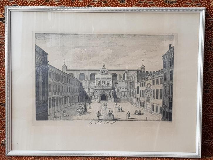 Guild Hall mooie antieke ingelijste gravure uit Engeland., Antiek en Kunst, Kunst | Etsen en Gravures, Ophalen of Verzenden