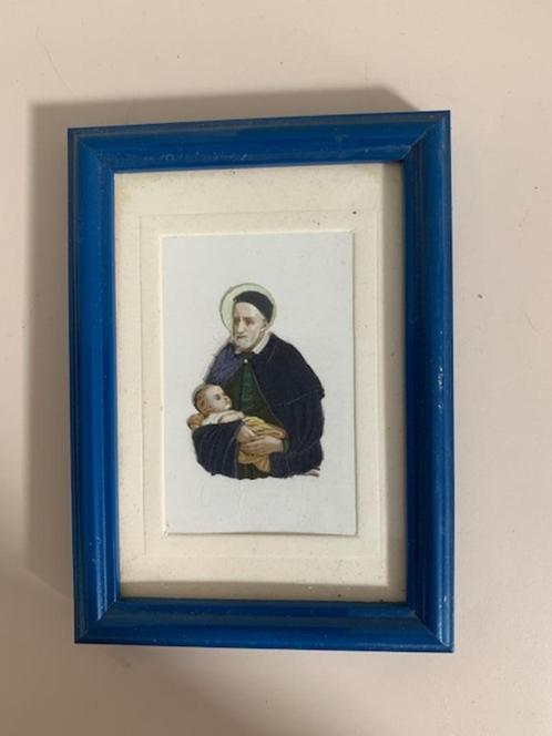 Ingelijst relief bidprentje. Heilige met kind. Reliefprentje, Antiek en Kunst, Curiosa en Brocante, Ophalen