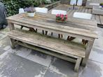 Te koop houten tafel met twee bankjes van Hillhout, Gebruikt, Rechthoekig, Hout, Ophalen