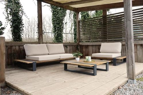 Loungeset van staal en eiken en kussens, Tuin en Terras, Tuinsets en Loungesets, Nieuw, Loungeset, Hardhout, 3 zitplaatsen, Bank