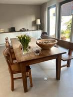 Eetkamerset: Eiken tafel, bank & 4 teakhouten stoelen, Ophalen, Zo goed als nieuw, Landelijk, 4 tot 6 stoelen