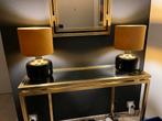 Twee zwart glazen lampen met gouden kap - Zo goed als nieuw, Huis en Inrichting, Ophalen, Zo goed als nieuw, Glas, Minder dan 100 cm