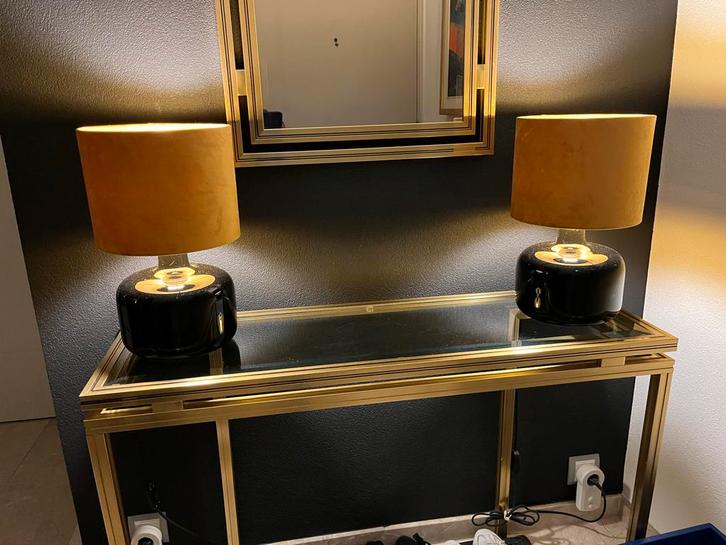 Twee zwart glazen lampen met gouden kap - Zo goed als nieuw, Huis en Inrichting, Lampen | Vloerlampen, Zo goed als nieuw, Minder dan 100 cm