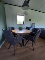 Eetkamertafel mangohout 130cm met stalenpoot + 4 stoelen, Huis en Inrichting, Tafels | Eettafels, Ophalen, Rond, Zo goed als nieuw