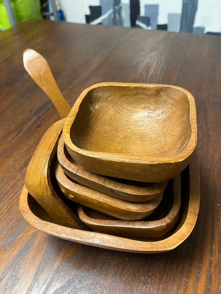 Houten noten/zuidvruchten serveerset, Huis en Inrichting, Woonaccessoires | Schalen en Manden, Gebruikt, Schaal, Vierkant, Hout