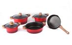 Pannenset Wood 8-delig marmeren coating rood, Verzenden, Pannenset, Keramische plaat, Nieuw