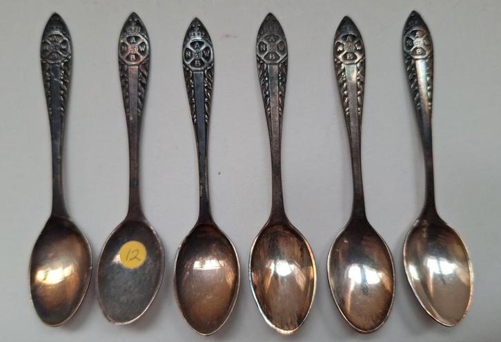 Zes vintage borrelepels met ANWB logo, Antiek en Kunst, Antiek | Bestek, Ophalen of Verzenden