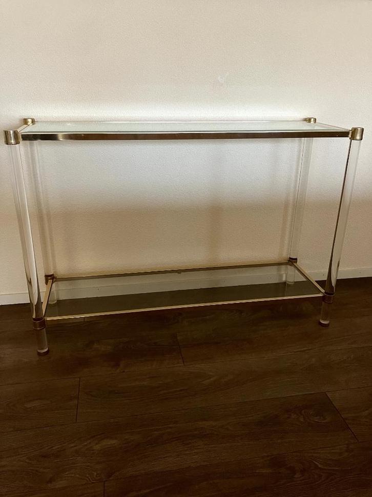 Franse console van lucite en verguld metaal - jaren 70, Huis en Inrichting, Tafels | Sidetables, Gebruikt, 25 tot 50 cm, 100 tot 150 cm