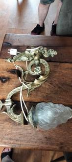 Antieke messing lamp met glazen kap wandlamp, Ophalen of Verzenden