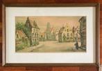 Grote gekleurde ingelijste ets van dorpspleintje, Antiek en Kunst, Kunst | Etsen en Gravures, Ophalen