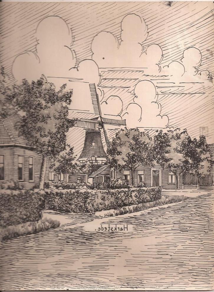 Harkstede Dorpsgezicht met molen tekening Sievers 50/60er ja, Antiek en Kunst, Kunst | Tekeningen en Foto's, Ophalen of Verzenden