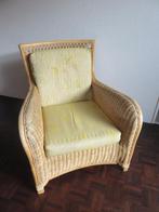 Vintage rotan wicker loungestoel fauteuil gele monstera stof, Ophalen, Gebruikt, Vintage, 75 tot 100 cm