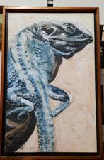 Vintage olieverf schilderij leguaan 58cm x 37cm, Antiek en Kunst, Ophalen