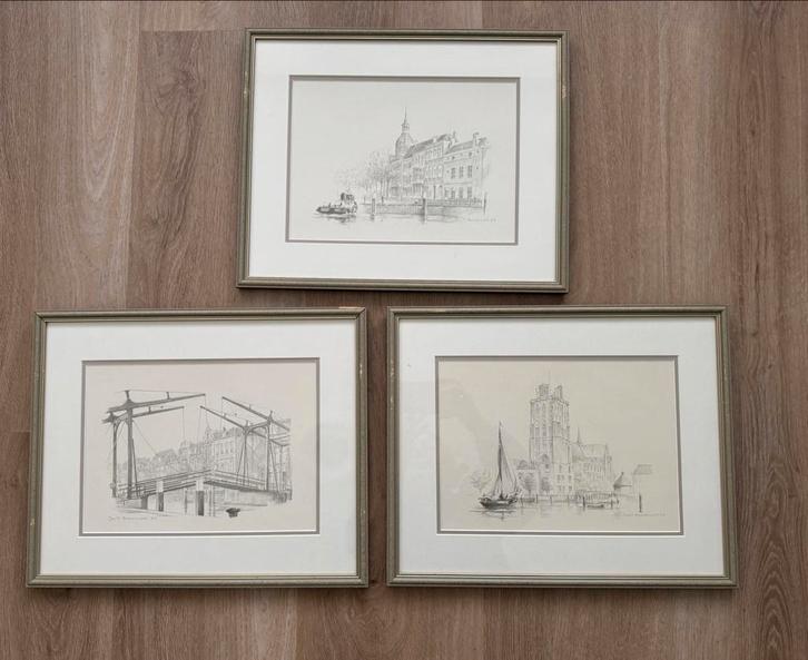 Drie ingelijste tekeningen van Dordrechtse stadsgezichten, Antiek en Kunst, Kunst | Tekeningen en Foto's, Ophalen of Verzenden