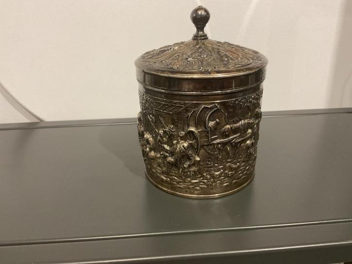 Verzilverde sierpot met deksel D-E theebus ., Antiek en Kunst, Curiosa en Brocante, Ophalen of Verzenden