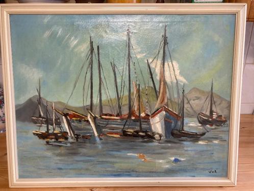 Mooi schilderij haven met boten gesigneerd door W.van kampen, Antiek en Kunst, Kunst | Schilderijen | Klassiek, Ophalen of Verzenden