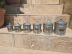 6 antieke Franse Aluminium bewaarblikken met koperen naambor, Verzamelen, Blikken, Ophalen of Verzenden, Gebruikt, Overige merken