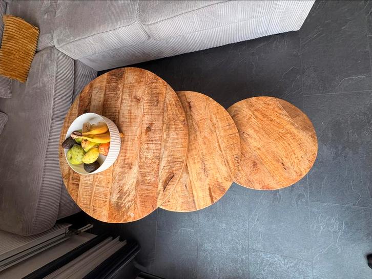 3 delig Ronde Mangohout Salontafels, Huis en Inrichting, Tafels | Salontafels, Gebruikt, Minder dan 50 cm, 50 tot 100 cm, 50 tot 100 cm