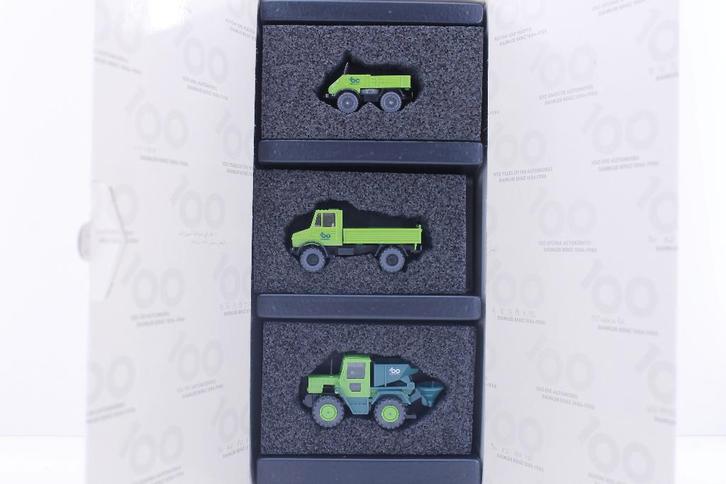 Wiking 100 jaar Unimog Mercedes-Benz 1/87 3 modellen in set, Hobby en Vrije tijd, Modelauto's | 1:87, Gebruikt, Bus of Vrachtwagen