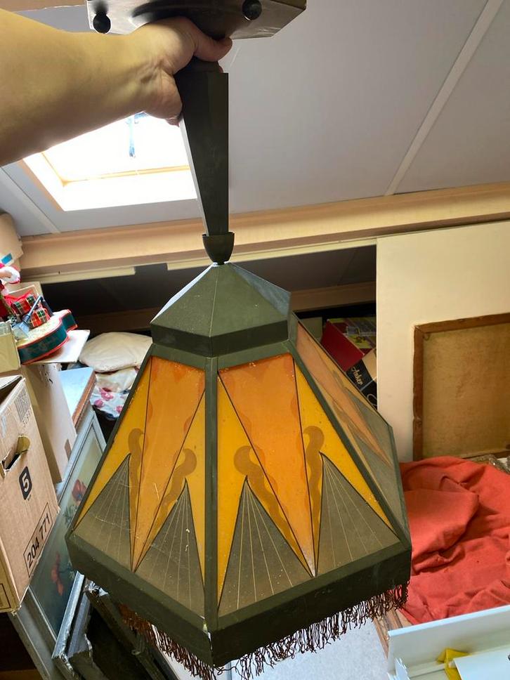 Art Deco Hanglamp, Amsterdamse School, jaren '20, Huis en Inrichting, Lampen | Hanglampen, Gebruikt, Minder dan 50 cm, Glas, Ophalen of Verzenden
