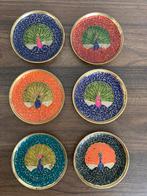 Set van 6 vintage onderzetters | pauwmotief | messing, Ophalen of Verzenden, Zo goed als nieuw, Glas of Kopje